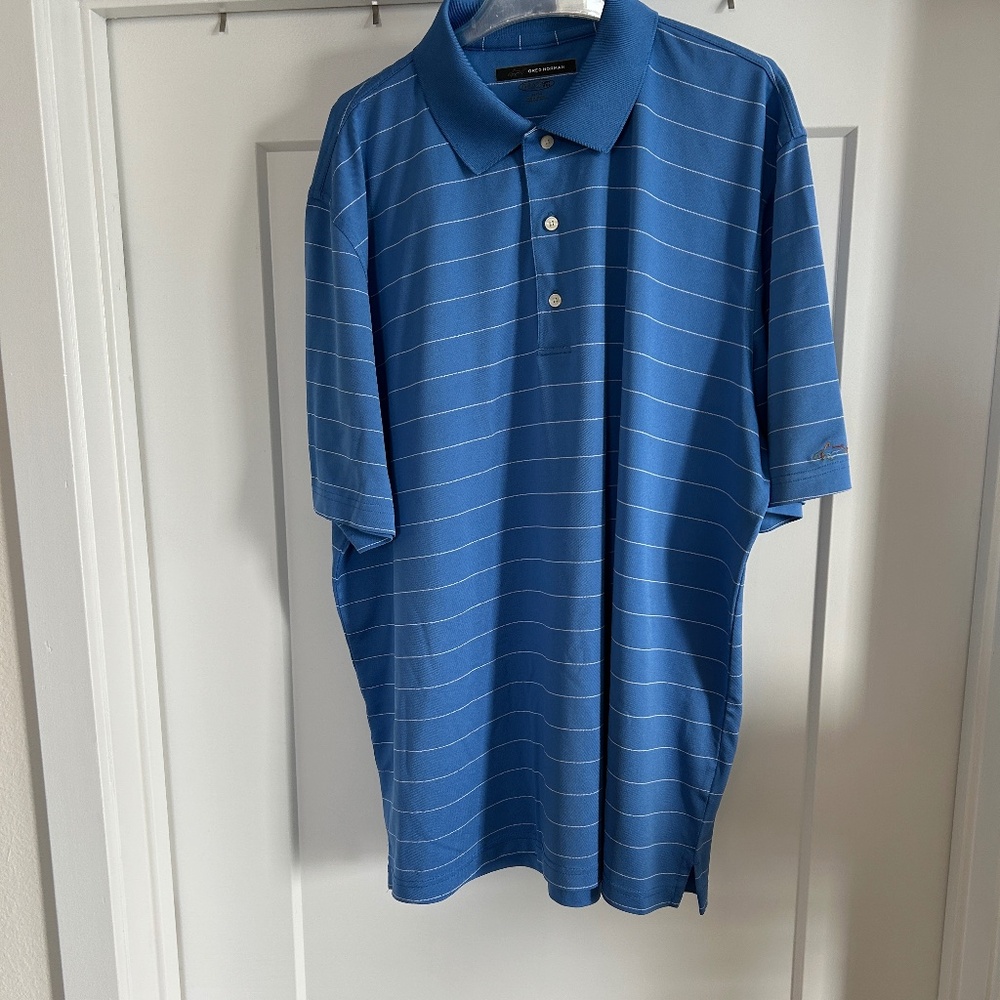 Greg Norman Play Dry, Blue w/White Stripes SS Polo Shirt, XL